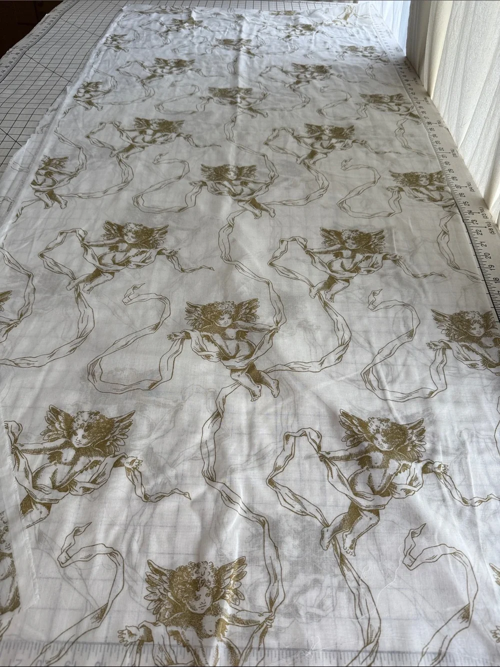 1¾ Yds Vintage Style Cherub Voile Fabric 58” Wide Semi Sheer Ivory Gold Romantic